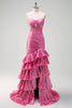 Load image into Gallery viewer, Fuchsia Mermaid Strapless Beaded Pleated Ruffles Long Prom Dress with Slit