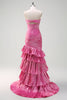 Load image into Gallery viewer, Fuchsia Mermaid Strapless Beaded Pleated Ruffles Long Prom Dress with Slit