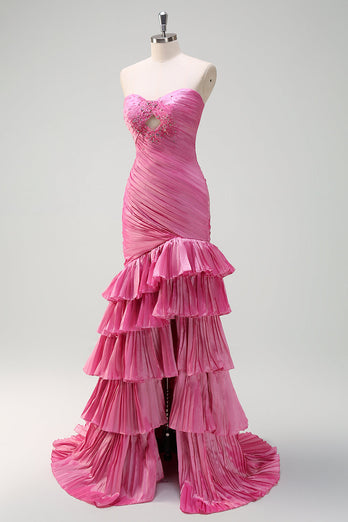 Fuchsia Mermaid Strapless Beaded Pleated Ruffles Long Prom Dress with Slit