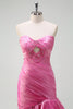 Load image into Gallery viewer, Fuchsia Mermaid Strapless Beaded Pleated Ruffles Long Prom Dress with Slit