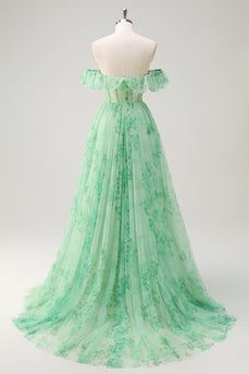 Green A Line Off The Shoulder Corset Ruffled Print Long Prom Dress with Slit