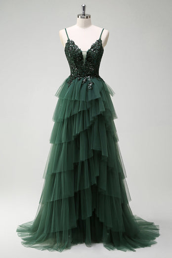 Sparkly Dark Green A-Line Corset Ruffles Appliqued Long Prom Dress with Slit