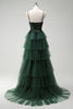 Load image into Gallery viewer, Sparkly Dark Green A-Line Corset Ruffles Appliqued Long Prom Dress with Slit