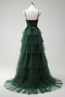 Sparkly Dark Green A-Line Corset Ruffles Appliqued Long Prom Dress with Slit