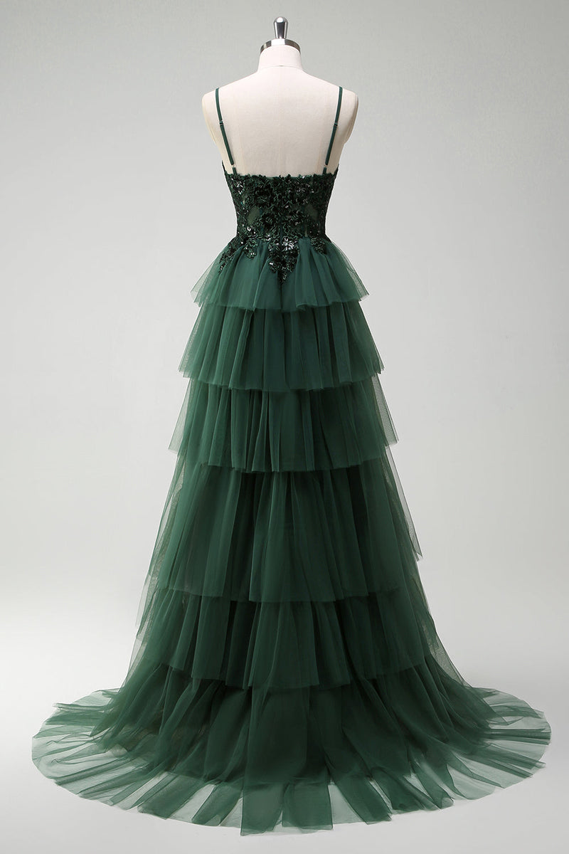 Load image into Gallery viewer, Sparkly Dark Green A-Line Corset Ruffles Appliqued Long Prom Dress with Slit