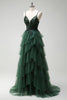 Load image into Gallery viewer, Sparkly Dark Green A-Line Corset Ruffles Appliqued Long Prom Dress with Slit