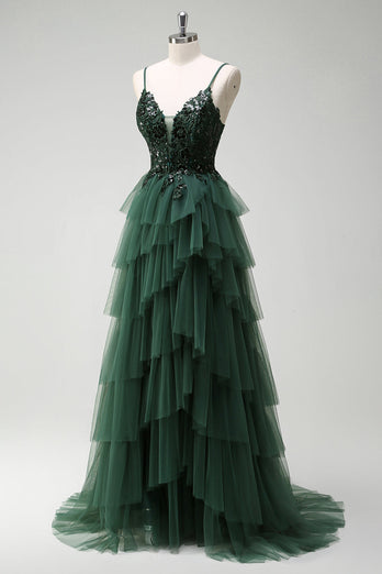 Sparkly Dark Green A-Line Corset Ruffles Appliqued Long Prom Dress with Slit