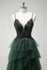 Load image into Gallery viewer, Sparkly Dark Green A-Line Corset Ruffles Appliqued Long Prom Dress with Slit