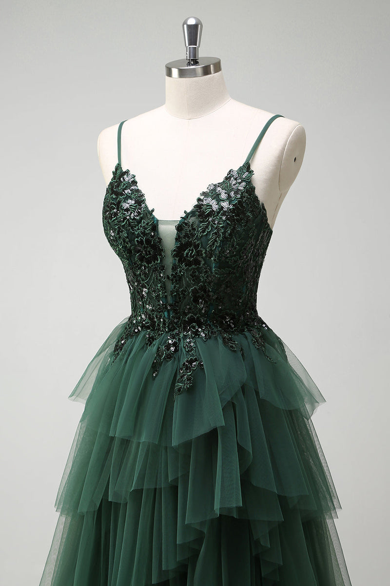 Load image into Gallery viewer, Sparkly Dark Green A-Line Corset Ruffles Appliqued Long Prom Dress with Slit