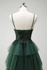 Load image into Gallery viewer, Sparkly Dark Green A-Line Corset Ruffles Appliqued Long Prom Dress with Slit