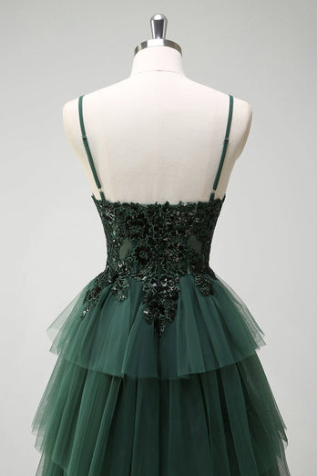 Sparkly Dark Green A-Line Corset Ruffles Appliqued Long Prom Dress with Slit