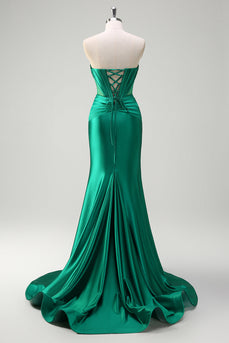 Sparkly Dark Green Mermaid Strapless Beaded Corset Ruched Satin Prom Dress with Slit