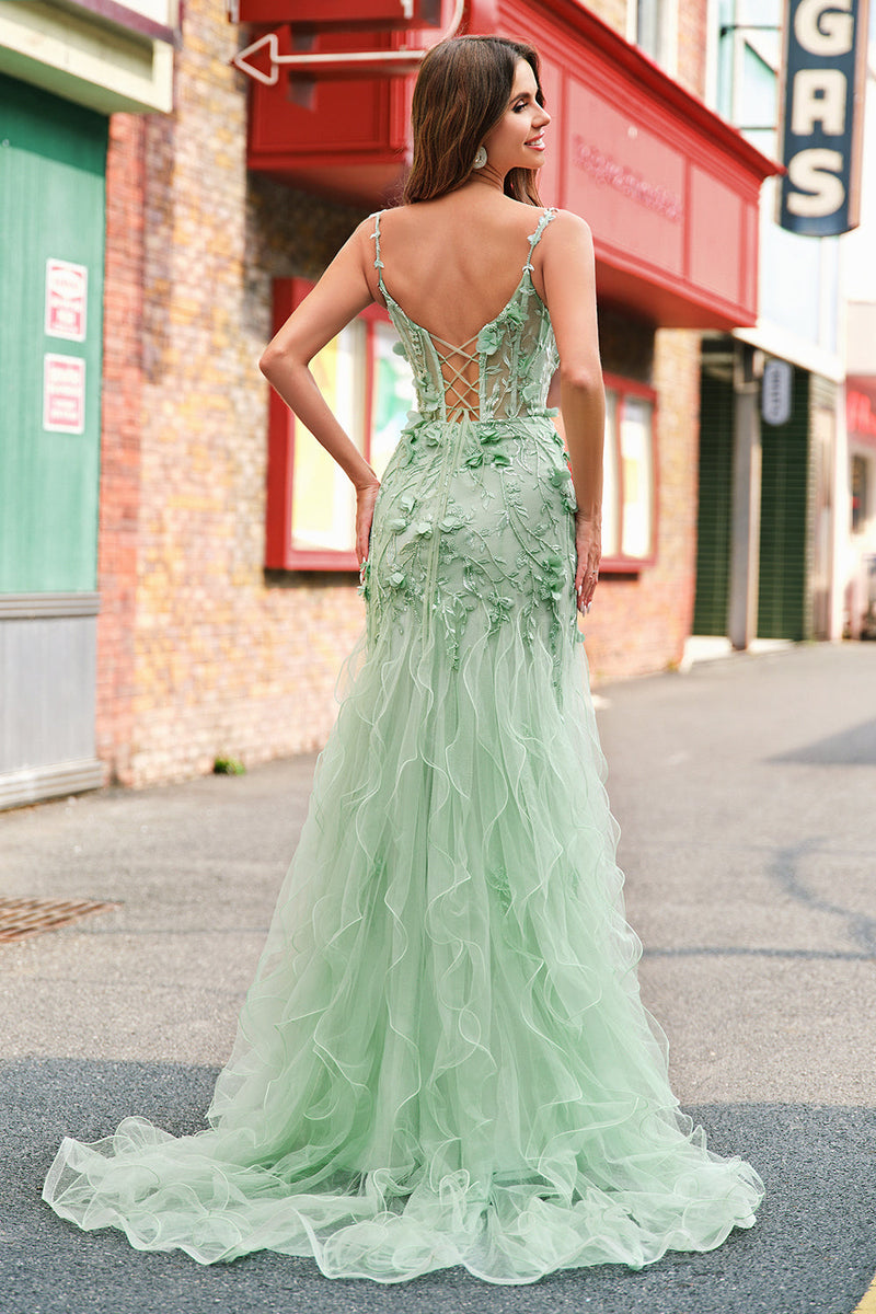 Load image into Gallery viewer, Mermaid Green Corset Spaghetti Straps Long Prom Dress with 3D Flowers