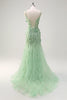 Load image into Gallery viewer, Green Mermaid Spaghetti Straps 3D Flowers Long Prom Dress with Slit