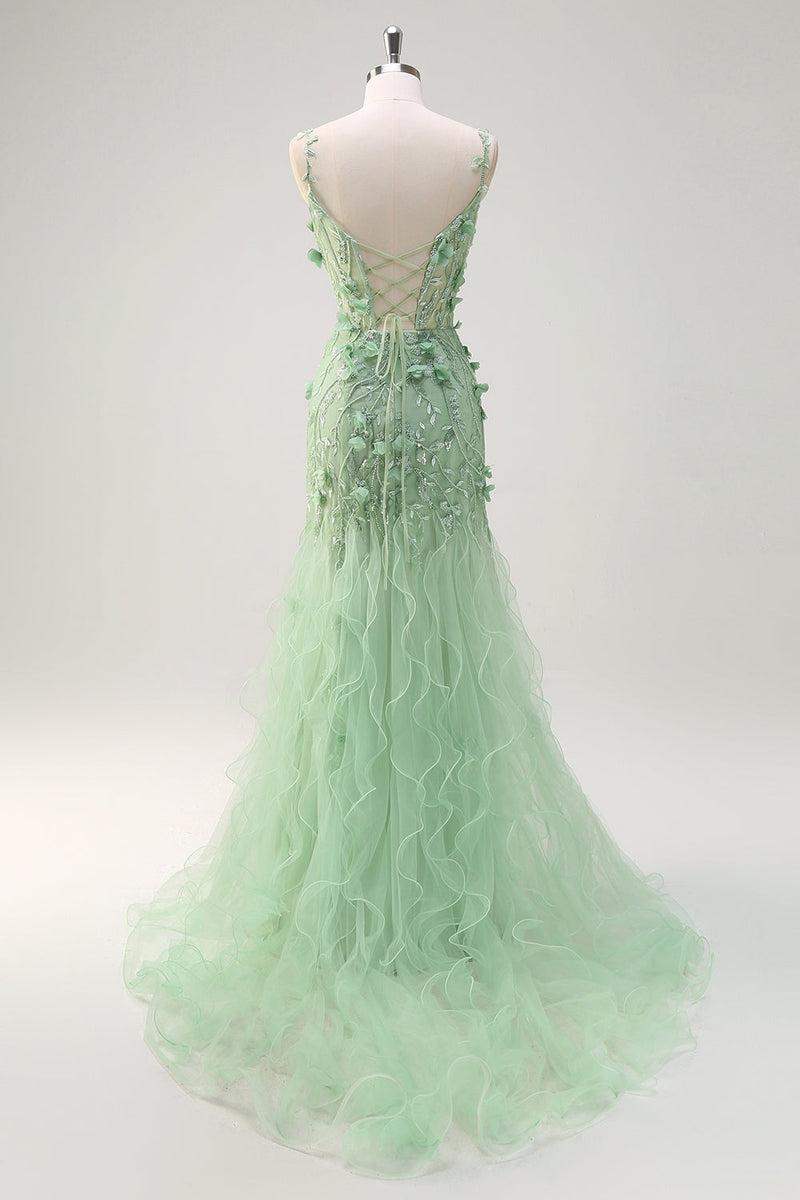 Load image into Gallery viewer, Mermaid Green Corset Spaghetti Straps Long Prom Dress with 3D Flowers