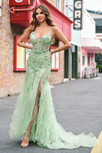 Mermaid Green Corset Spaghetti Straps Long Prom Dress with 3D Flowers