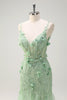 Load image into Gallery viewer, Green Mermaid Spaghetti Straps 3D Flowers Long Prom Dress with Slit