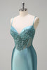 Load image into Gallery viewer, Grey Green Mermaid Spaghetti Straps Corset Long Prom Dress with Slit