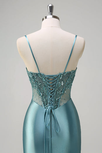 Grey Green Mermaid Spaghetti Straps Corset Long Prom Dress with Slit