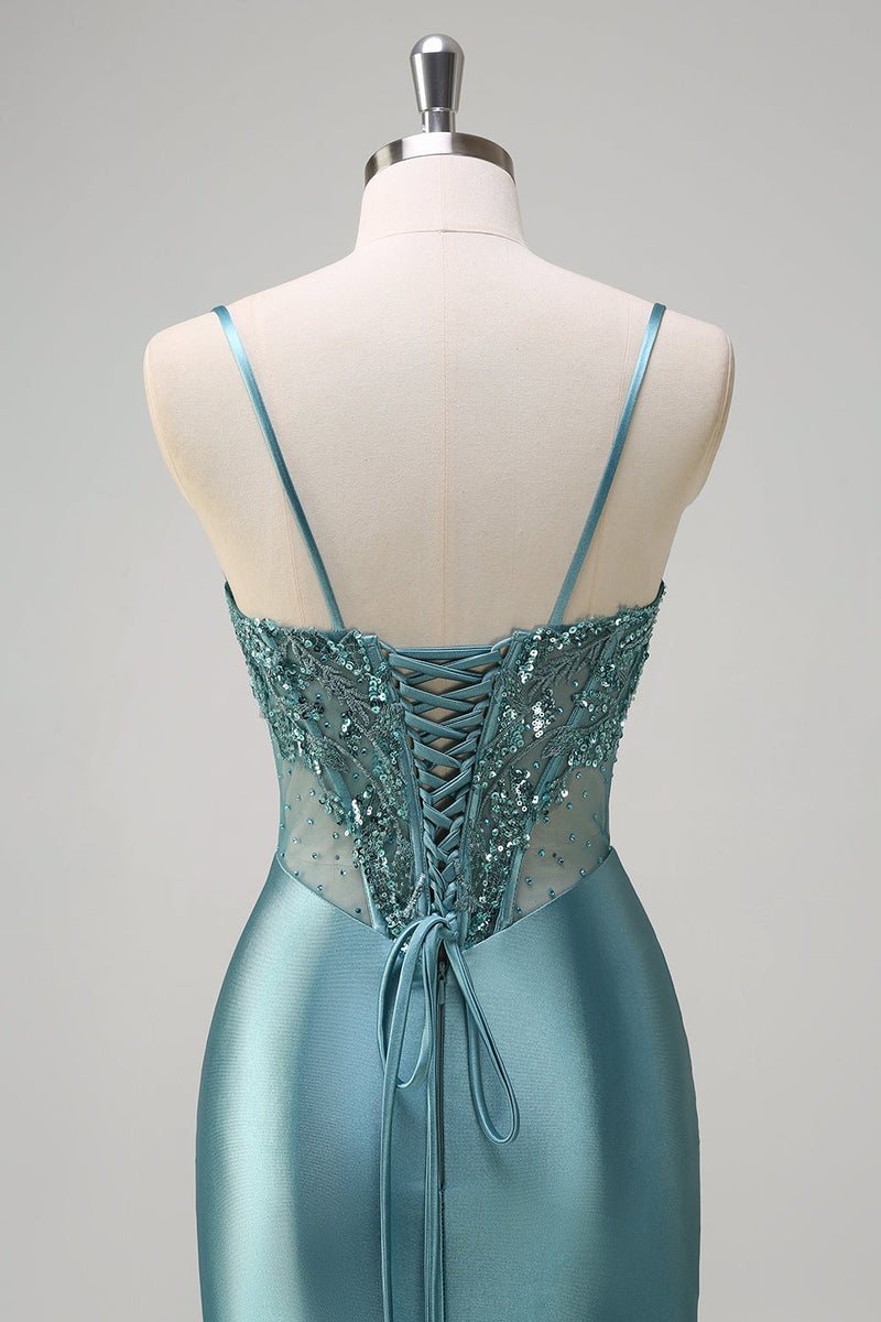 Load image into Gallery viewer, Grey Green Mermaid Spaghetti Straps Corset Long Prom Dress with Slit