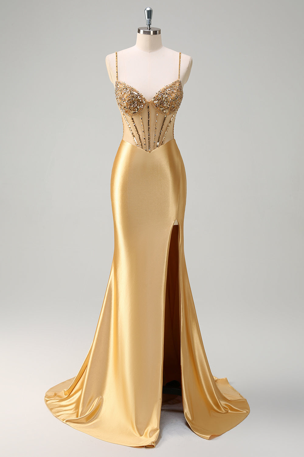 Golden Mermaid Spaghetti Straps Corset Long Prom Dress with Slit