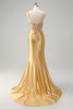 Load image into Gallery viewer, Golden Mermaid Spaghetti Straps Corset Long Prom Dress with Slit