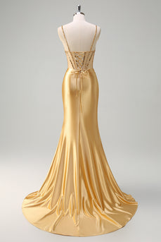 Golden Mermaid Spaghetti Straps Corset Long Prom Dress with Slit