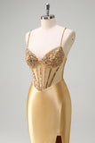 Golden Mermaid Spaghetti Straps Corset Long Prom Dress with Slit