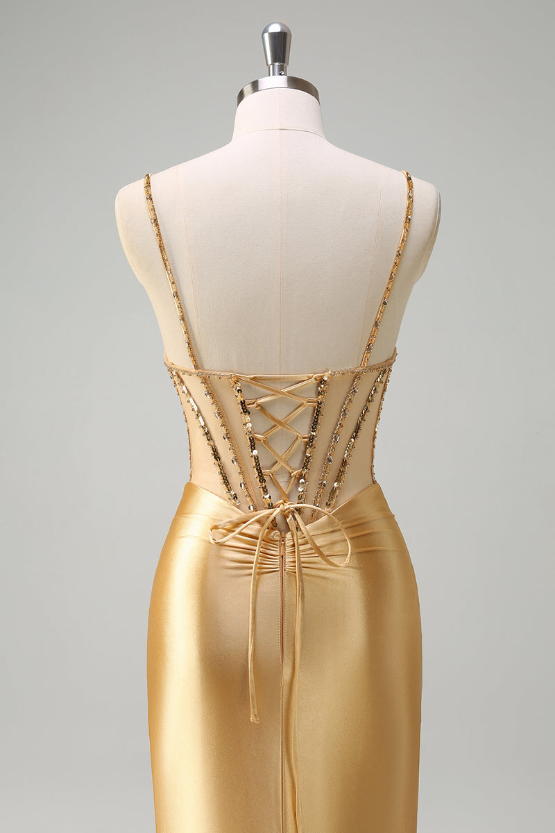 Load image into Gallery viewer, Golden Mermaid Spaghetti Straps Corset Long Prom Dress with Slit