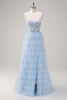 Load image into Gallery viewer, Light Blue Spaghetti Straps A-Line Tulle Tiered Long Corset Prom Dress with Slit