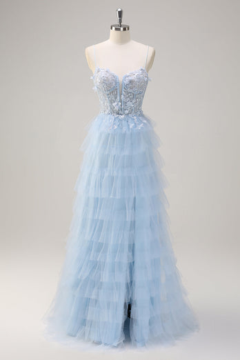 Light Blue Spaghetti Straps A-Line Tulle Tiered Long Corset Prom Dress with Slit