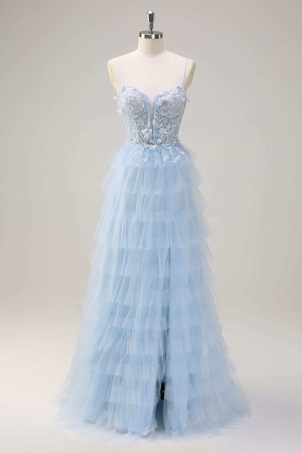 Light Blue Spaghetti Straps A-Line Tulle Tiered Long Corset Prom Dress with Slit