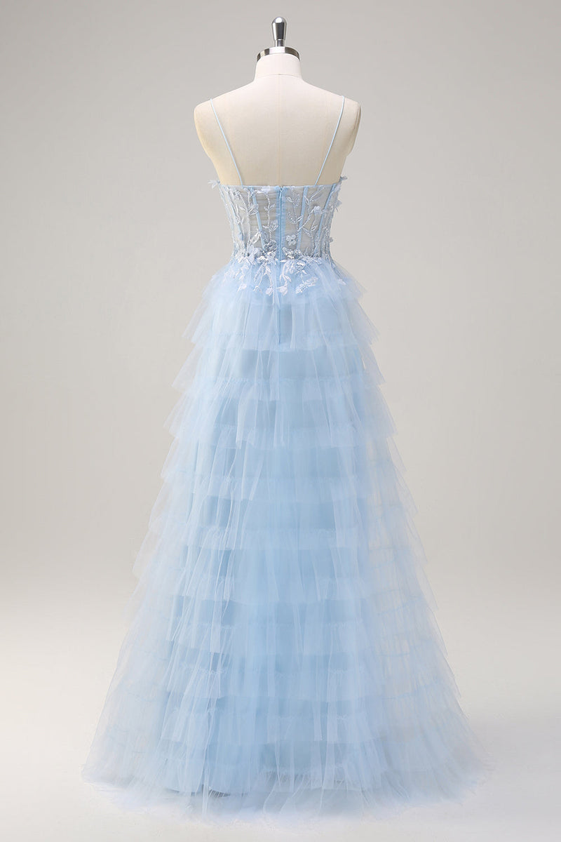 Load image into Gallery viewer, Light Blue Spaghetti Straps A-Line Tulle Tiered Long Corset Prom Dress with Slit