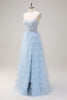 Load image into Gallery viewer, Light Blue Spaghetti Straps A-Line Tulle Tiered Long Corset Prom Dress with Slit