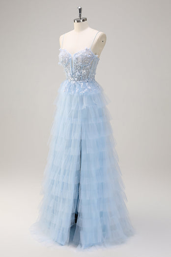 Light Blue Spaghetti Straps A-Line Tulle Tiered Long Corset Prom Dress with Slit