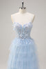 Load image into Gallery viewer, Light Blue Spaghetti Straps A-Line Tulle Tiered Long Corset Prom Dress with Slit