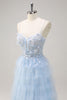 Load image into Gallery viewer, Light Blue Spaghetti Straps A-Line Tulle Tiered Long Corset Prom Dress with Slit