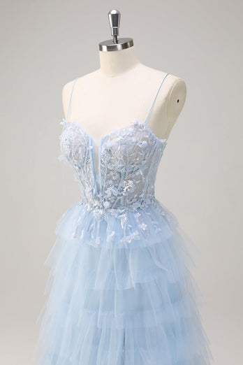 Light Blue Spaghetti Straps A-Line Tulle Tiered Long Corset Prom Dress with Slit