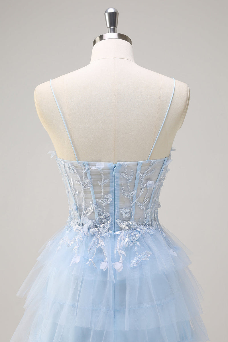 Load image into Gallery viewer, Light Blue Spaghetti Straps A-Line Tulle Tiered Long Corset Prom Dress with Slit