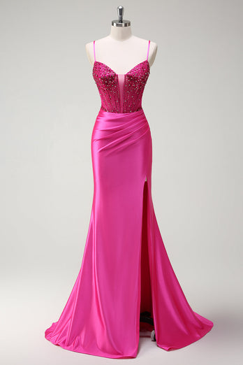 Fuchsia Mermaid Spaghetti Straps Beaded Corset Satin Long Prom Dress with Slit