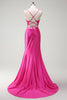 Load image into Gallery viewer, Fuchsia Mermaid Spaghetti Straps Beaded Corset Satin Long Prom Dress with Slit