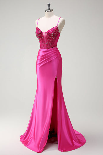 Fuchsia Mermaid Spaghetti Straps Beaded Corset Satin Long Prom Dress with Slit