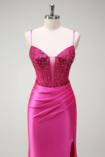 Fuchsia Mermaid Spaghetti Straps Beaded Corset Satin Long Prom Dress with Slit