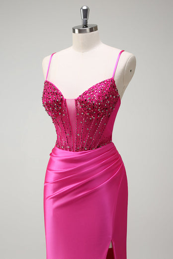 Fuchsia Mermaid Spaghetti Straps Beaded Corset Satin Long Prom Dress with Slit