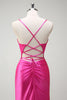 Load image into Gallery viewer, Fuchsia Mermaid Spaghetti Straps Beaded Corset Satin Long Prom Dress with Slit