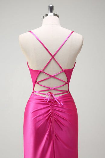 Fuchsia Mermaid Spaghetti Straps Beaded Corset Satin Long Prom Dress with Slit