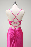 Fuchsia Mermaid Spaghetti Straps Beaded Corset Satin Long Prom Dress with Slit