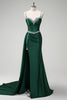 Load image into Gallery viewer, Sparkly Dark Green Mermaid Side Streamer Sequined Corset Satin Prom Dress with Slit