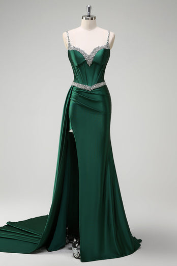 Sparkly Dark Green Mermaid Side Streamer Sequined Corset Satin Prom Dress with Slit