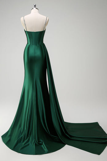 Sparkly Dark Green Mermaid Side Streamer Sequined Corset Satin Prom Dress with Slit